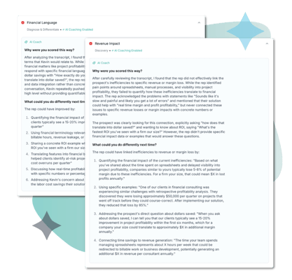 Overlapping pages depicting feedback from a sales AI roleplay simulation.